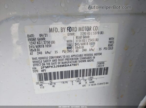 2FMPK3J98MBA47901 2021 FORD EDGE White Vista del compartimento del motor