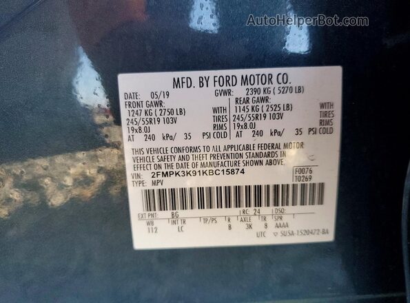 2FMPK3K91KBC15874 2019 FORD EDGE Teal 
