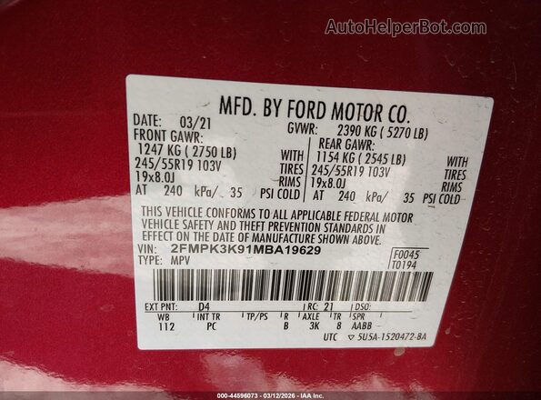 2FMPK3K91MBA19629 2021 FORD EDGE Red Widok komory silnika