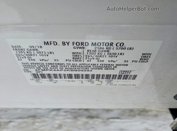 2FMPK4AP2KBB09293 2019 FORD EDGE White 