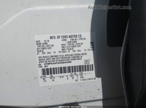 2FMPK4AP4KBB45888 2019 FORD EDGE White Widok komory silnika