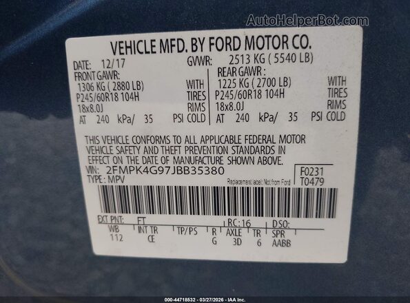 2FMPK4G97JBB35380 2018 FORD EDGE Light Blue Engine compartment view