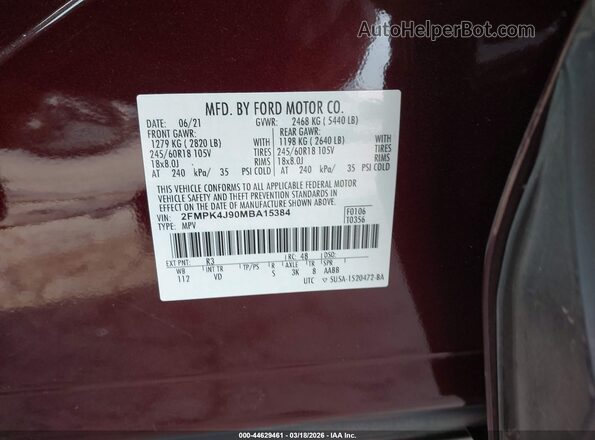 2FMPK4J90MBA15384 2021 FORD EDGE Maroon Vista del compartimento del motor