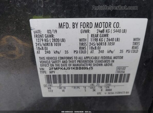 2FMPK4J91KBB89915 2019 FORD EDGE Gray Вид підкапотного простору