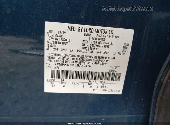 2FMPK4J91LBA49476 2020 FORD EDGE Синий Вид подкапотного пространства