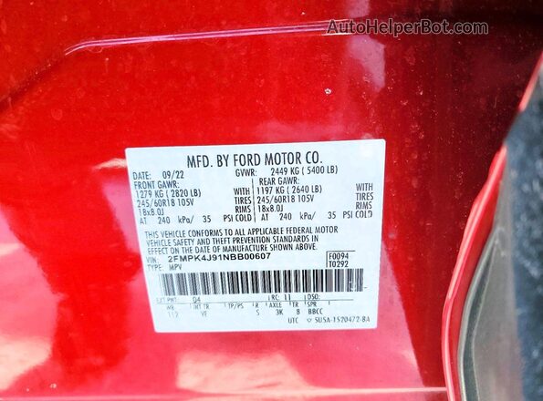 2FMPK4J91NBB00607 2022 FORD EDGE Red Вид наклейки з VIN-кодом