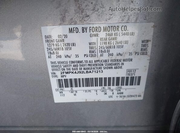 2FMPK4J92LBA71213 2020 FORD EDGE Silver 