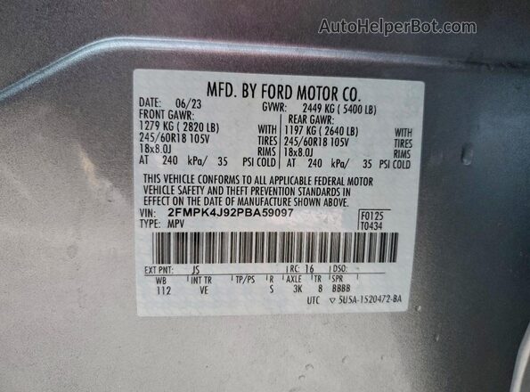 2FMPK4J92PBA59097 2023 FORD EDGE Silver Widok naklejki z numerem VIN