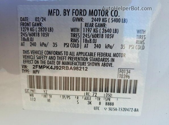 2FMPK4J92RBA98212 2024 FORD EDGE White VIN კოდის სტიკერის ხედი