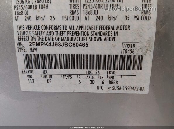2FMPK4J93JBC60465 2018 FORD EDGE Silver 