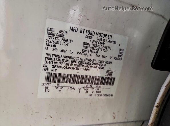 2FMPK4J93KBB07604 2019 FORD EDGE White Vista de la etiqueta del VIN
