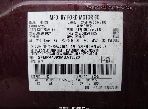 2FMPK4J93MBA13323 2021 FORD EDGE Maroon ძრავის განყოფილების ხედი