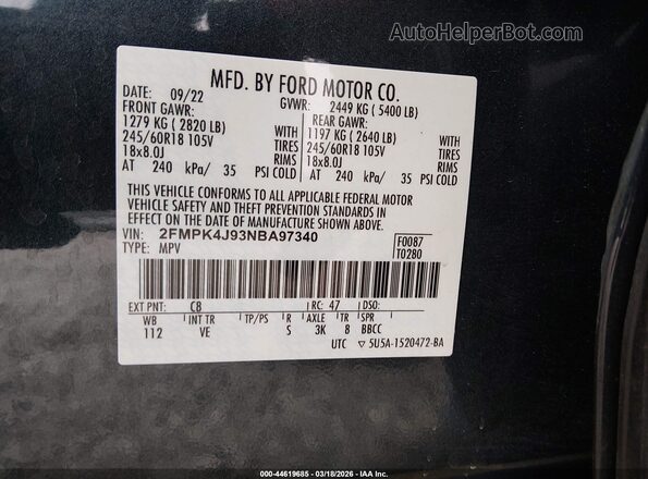 2FMPK4J93NBA97340 2022 FORD EDGE Black Вид підкапотного простору