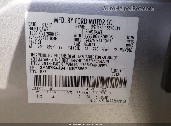 2FMPK4J94HBB78867 2017 FORD EDGE Silver Շարժիչի բաժամունքի տեսք