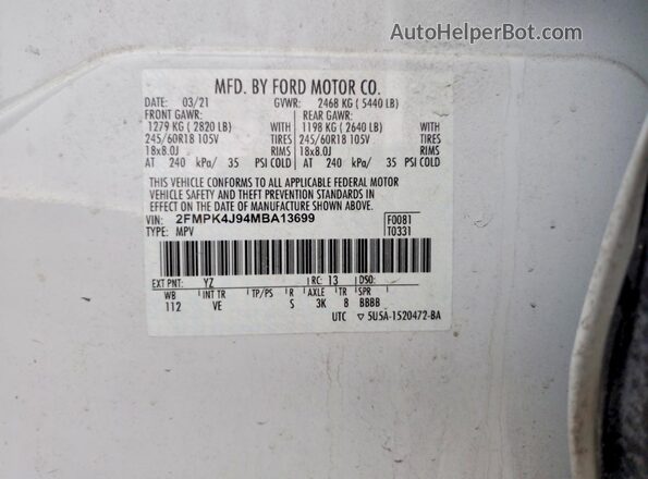 2FMPK4J94MBA13699 2021 FORD EDGE White ძრავის განყოფილების ხედი