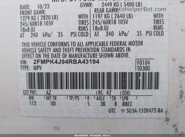 2FMPK4J94RBA43194 2024 FORD EDGE Белый Вид подкапотного пространства