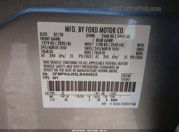 2FMPK4J95LBA94825 2020 FORD EDGE Silver Շարժիչի բաժամունքի տեսք