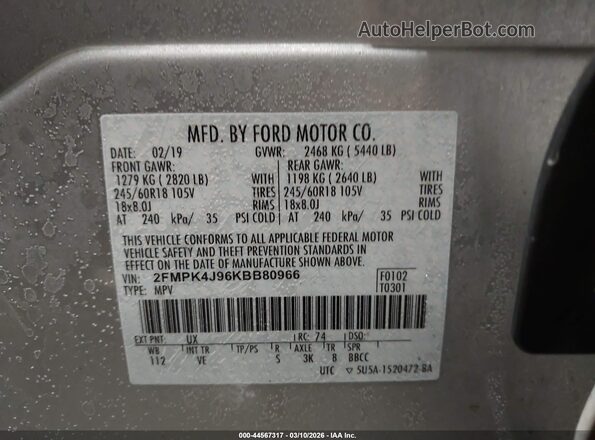 2FMPK4J96KBB80966 2019 FORD EDGE Gray 