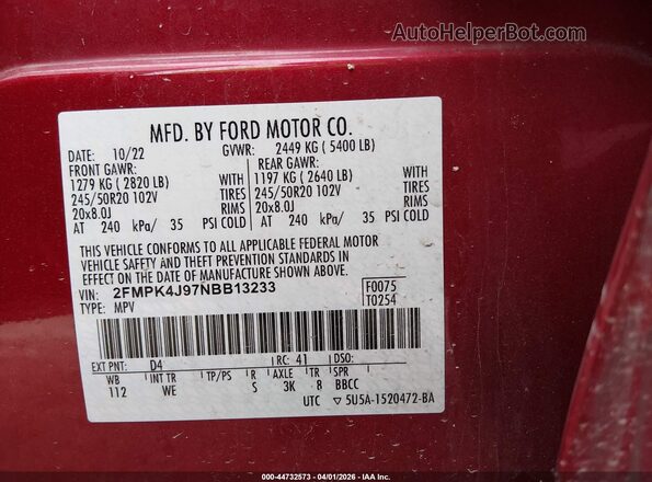 2FMPK4J97NBB13233 2022 FORD EDGE Red Widok komory silnika