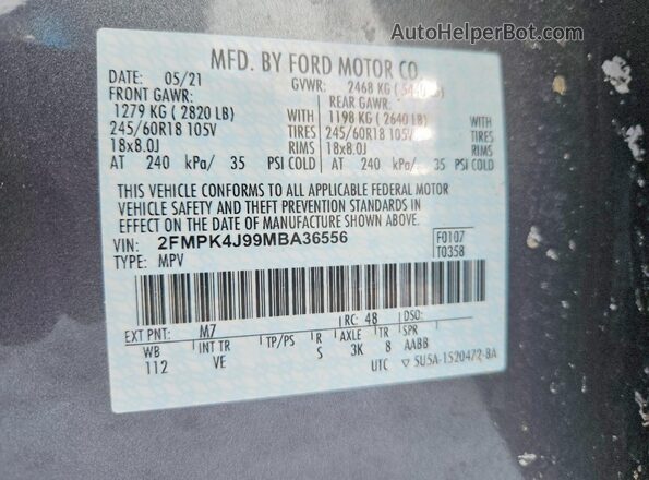 2FMPK4J99MBA36556 2021 FORD EDGE Gray Вид підкапотного простору