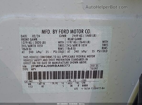 2FMPK4J99RBA88373 2024 FORD EDGE White ძრავის განყოფილების ხედი