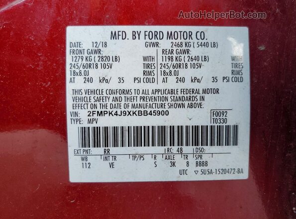 2FMPK4J9XKBB45900 2019 FORD EDGE Burgundy 