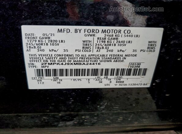 2FMPK4J9XMBA24416 2021 FORD EDGE Black Вид наклейки з VIN-кодом