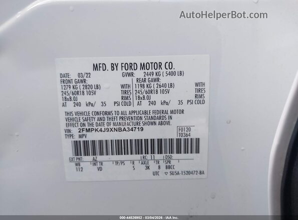 2FMPK4J9XNBA34719 2022 FORD EDGE Белый Вид подкапотного пространства