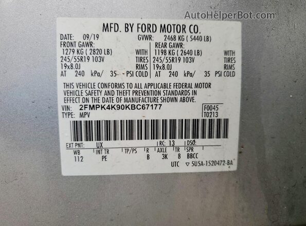 2FMPK4K90KBC67177 2019 FORD EDGE Silver Widok naklejki z numerem VIN