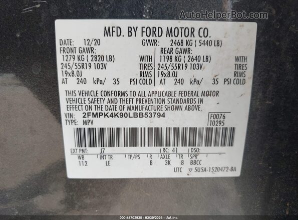 2FMPK4K90LBB53794 2020 FORD EDGE Gray Vista del compartimento del motor
