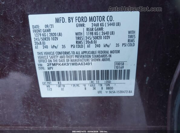 2FMPK4K91MBA63491 2021 FORD EDGE Burgundy Շարժիչի բաժամունքի տեսք