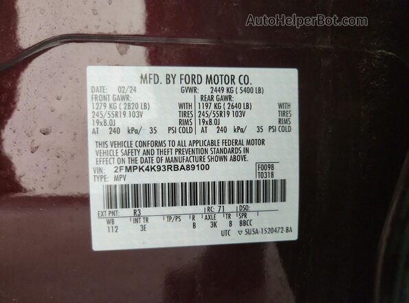 2FMPK4K93RBA89100 2024 FORD EDGE Maroon 360 interior view