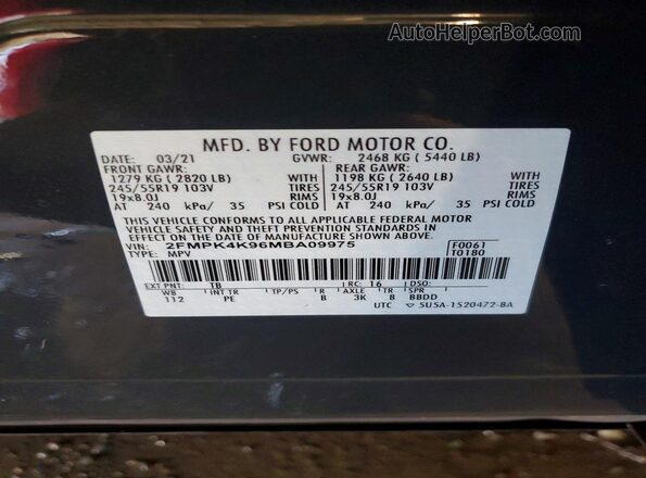 2FMPK4K96MBA09975 2021 FORD EDGE Gray VIN კოდის სტიკერის ხედი