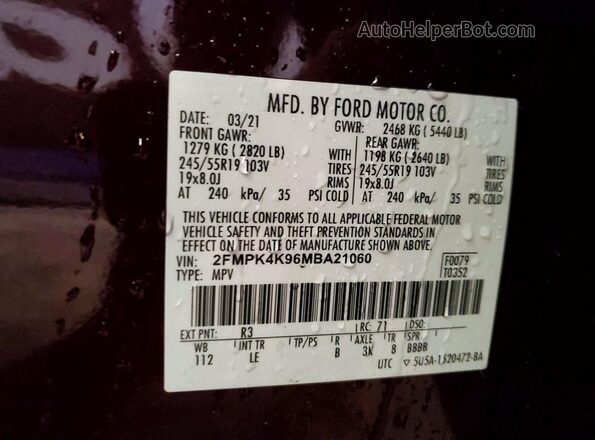 2FMPK4K96MBA21060 2021 FORD EDGE Burgundy VIN კოდის სტიკერის ხედი