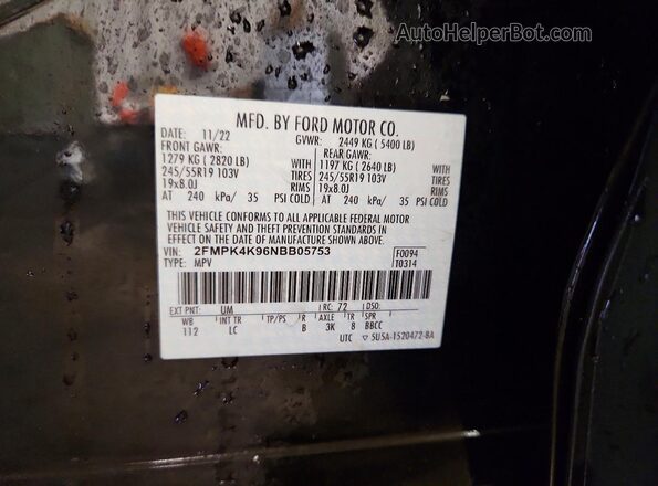 2FMPK4K96NBB05753 2022 FORD EDGE Black VIN sticker view
