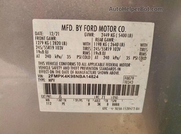 2FMPK4K98NBA14824 2022 FORD EDGE Gray Widok naklejki z numerem VIN
