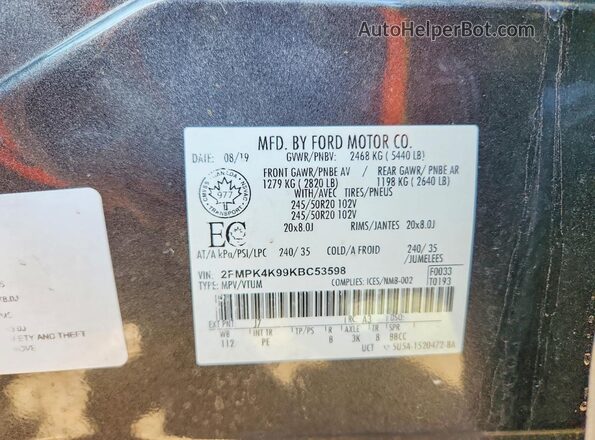 2FMPK4K99KBC53598 2019 FORD EDGE Gray 