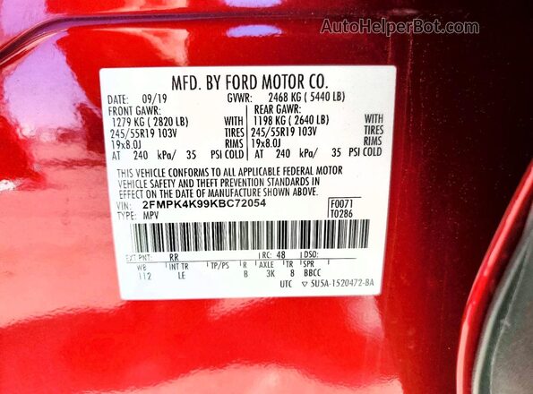 2FMPK4K99KBC72054 2019 FORD EDGE Red 