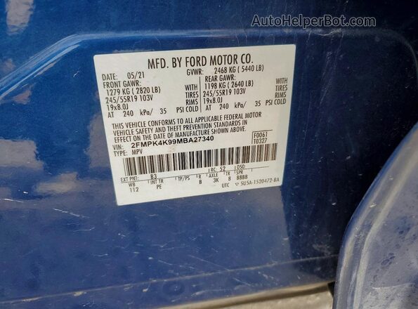 2FMPK4K99MBA27340 2021 FORD EDGE Blue Панорамний вид салону 360°
