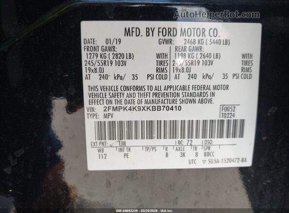 2FMPK4K9XKBB70410 2019 FORD EDGE Black 