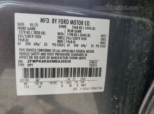 2FMPK4K9XMBA26830 2021 FORD EDGE Gray VIN sticker view