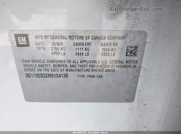 2G1105S32H9134138 2017 CHEVROLET IMPALA White ძრავის განყოფილების ხედი