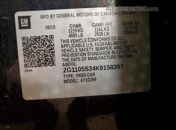 2G1105S34K9158397 2019 CHEVROLET IMPALA Black VIN კოდის სტიკერის ხედი