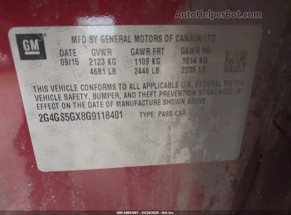 2G4GS5GX8G9118401 2016 BUICK REGAL Красный Вид подкапотного пространства