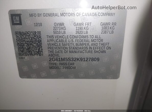 2G61M5S32K9127809 2019 CADILLAC XTS White Engine compartment view