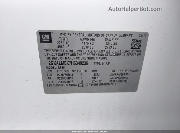 2GKALMEK7H6348236 2017 GMC TERRAIN Белый Вид подкапотного пространства