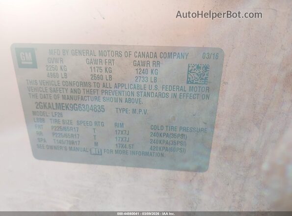 2GKALMEK9G6304835 2016 GMC TERRAIN White Շարժիչի բաժամունքի տեսք