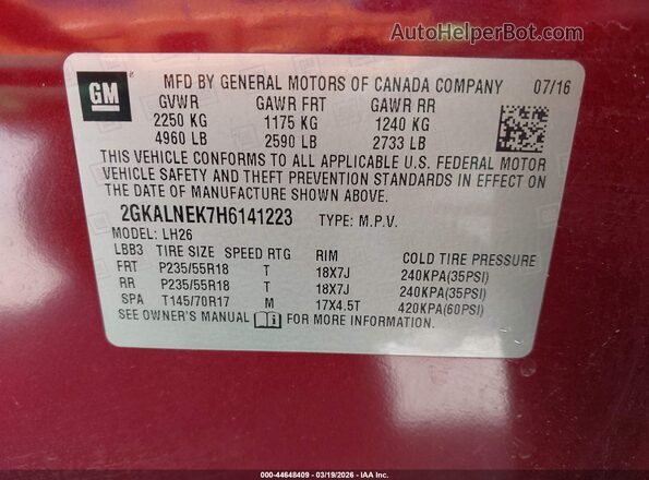 2GKALNEK7H6141223 2017 GMC TERRAIN Red Շարժիչի բաժամունքի տեսք