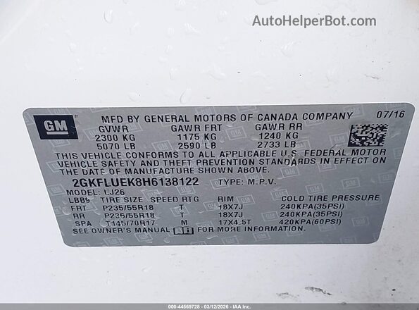 2GKFLUEK8H6138122 2017 GMC TERRAIN White Widok komory silnika