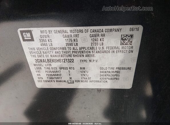 2GNALBEK6H6121322 2017 CHEVROLET EQUINOX Серый Вид подкапотного пространства